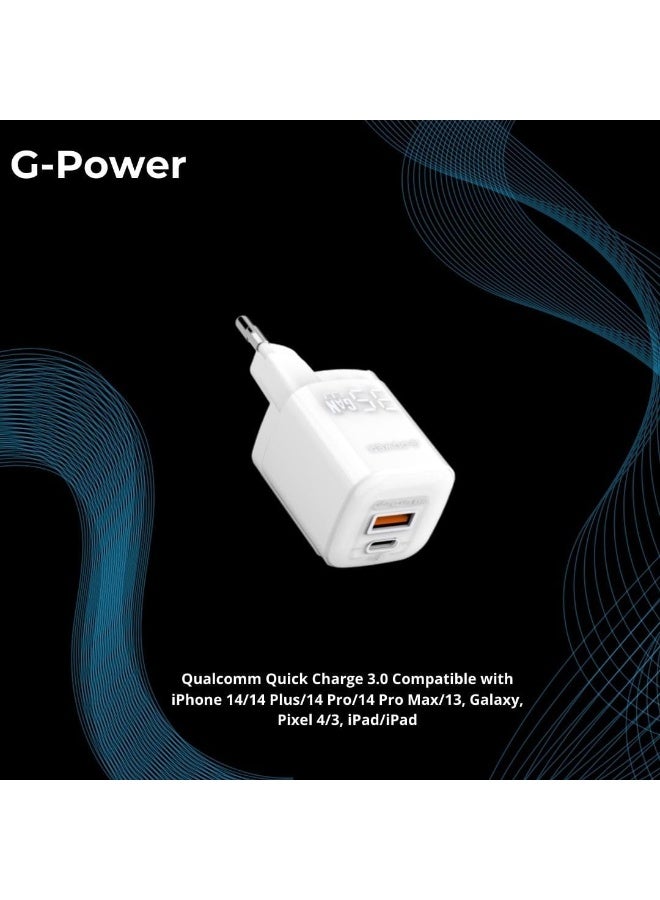 جي باور شاحن جي-باور GP-C20 بقوة 35 واط بمنفذي USB (USB-A و USB-C) يدعم تقنية الشحن السريع كوالكوم 3.0، متوافق مع أجهزة آيفون 14/14 بلس/14 برو/14 برو ماكس/13، وجالاكسي، وبيكسل 4/3، وآيباد - أبيض - Image 3
