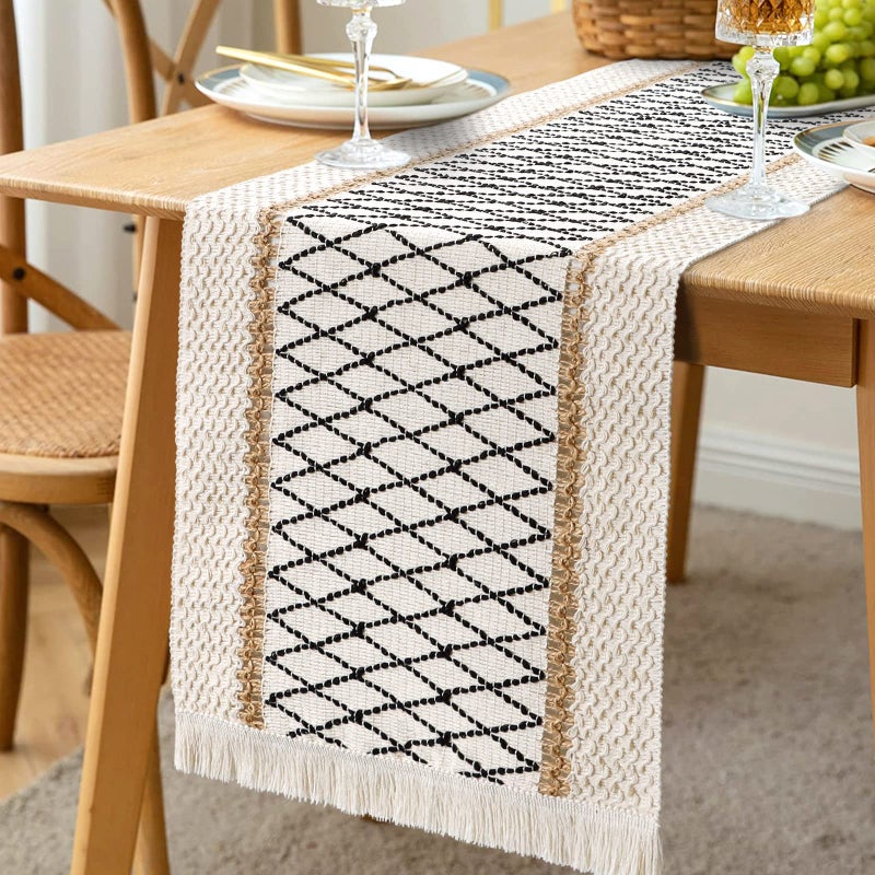 LOMOHOO Table Runners for Dining Table Cream Table Runner Macrame Beige Table Runners Boho with Tassels Hand Woven Cotton Sideboard Runners Extra Long Rustic Farmhouse Table Runner for Kitchen