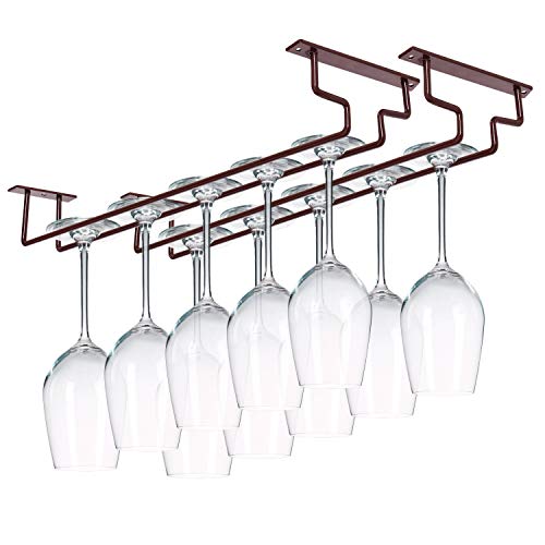MOCOUM 2 Pack 15.6" Wine Glass Rack Under Cabinet Stemware Rack, Hanger Hold Up To 10 Wine Glasses for Cabinet Kitchen Bar (Brown, 2 pack) - Image 1