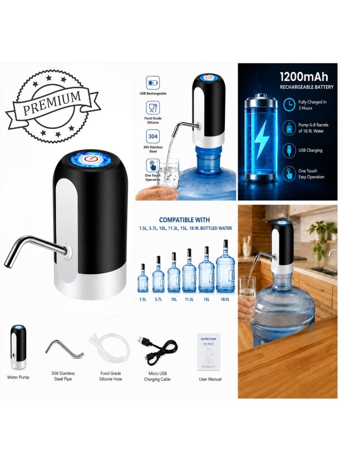 USB Rechargeable Electric Water Pump - One-Touch Automatic Water Dispenser - Fits Most Water Bottles from 1.5L to 18.9L - Ideal for Seniors - 304 Stainless Steel Spout - Image 1