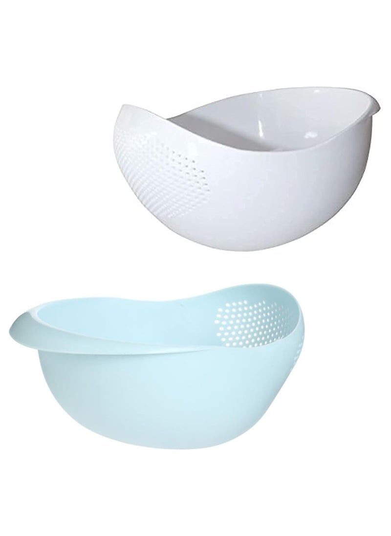 LIMITLESS 2PC Rice Washer Strainer Colander for Cleaning Vegetable, Fruit, Pasta, Steamer Basket, Effortless Rice Washing Colander & Drain Basket with Handles, White & Blue  - Image 1
