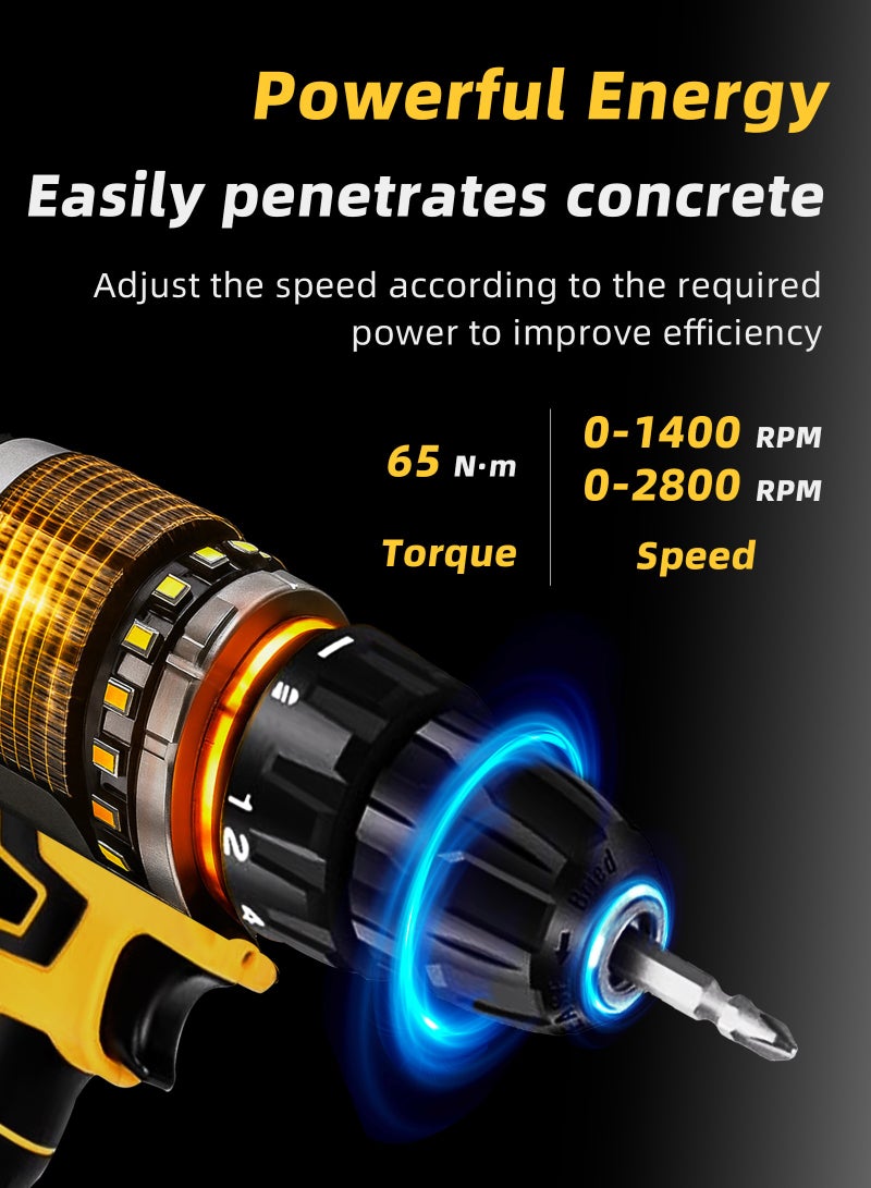 ULHYC 96V Cordless Drill, Electric Screwdriver, Combination Drill | 65 Nm High Torque, 25+1 Speed ​​Adjustment | Includes Two 1500mAh Batteries - Image 4