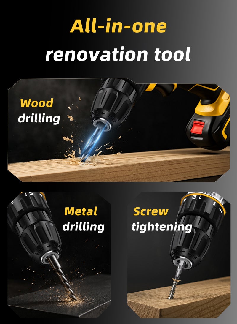 ULHYC 96V Cordless Drill, Electric Screwdriver, Combination Drill | 65 Nm High Torque, 25+1 Speed ​​Adjustment | Includes Two 1500mAh Batteries - Image 3