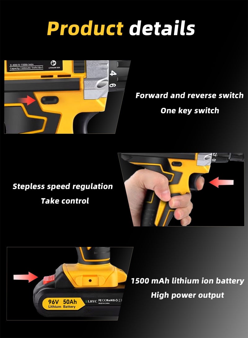 يو إل اتش واي سي مثقاب لاسلكي 96 فولت، مفك براغي كهربائي، مثقاب متعدد الاستخدامات | عزم دوران عالي 65 نيوتن متر، 25+1 سرعة قابلة للتعديل | يتضمن بطاريتين 1500 مللي أمبير/ساعة - Image 5