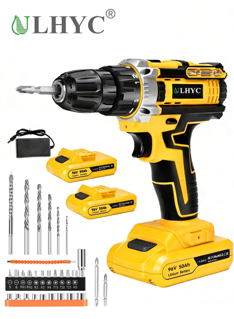 ULHYC 96V Cordless Drill, Electric Screwdriver, Combination Drill | 65 Nm High Torque, 25+1 Speed ​​Adjustment | Includes Two 1500mAh Batteries - Image 1