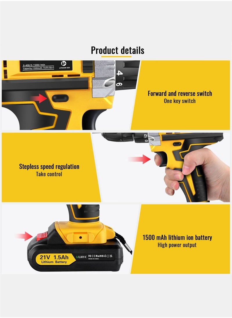 21V Cordless Multifunctional Drill Driver Set, Electric Screwdriver with 2x 1500mAh Batteries, Max 65 N.m Combination Drill, 25+1 Torque Power Drill, Cordless Screwdriver