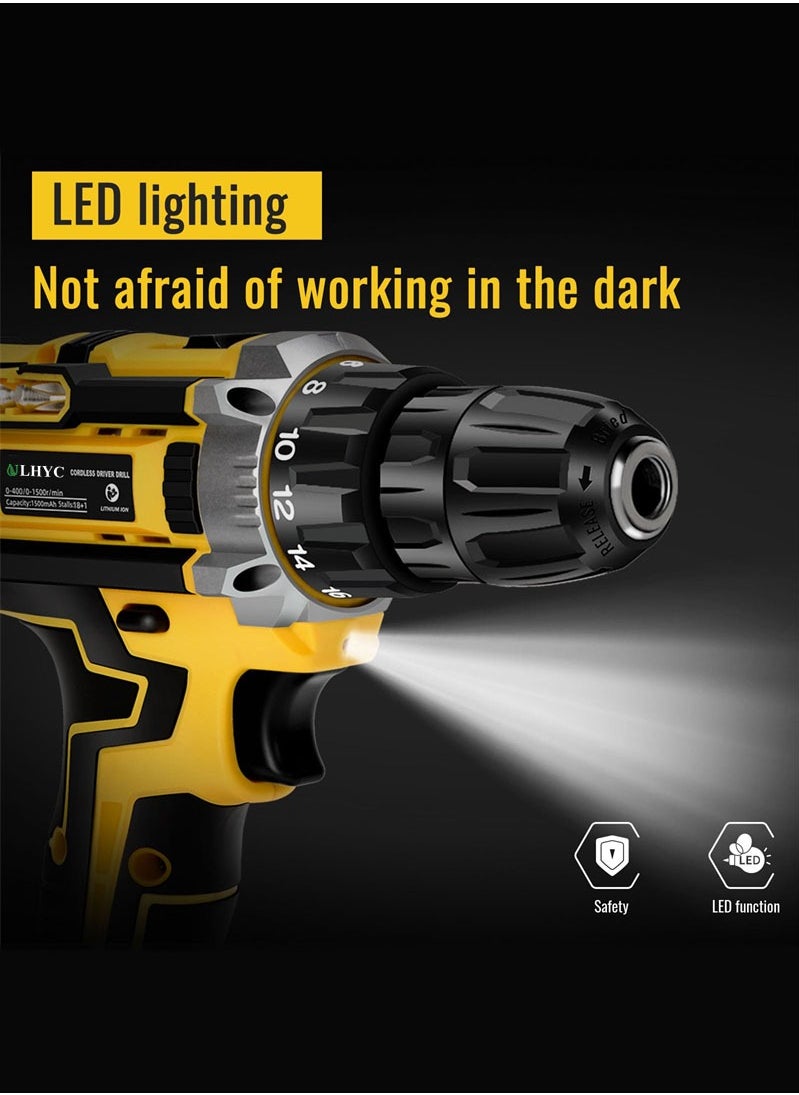 21V Cordless Multifunctional Drill Driver Set, Electric Screwdriver with 2x 1500mAh Batteries, Max 65 N.m Combination Drill, 25+1 Torque Power Drill, Cordless Screwdriver