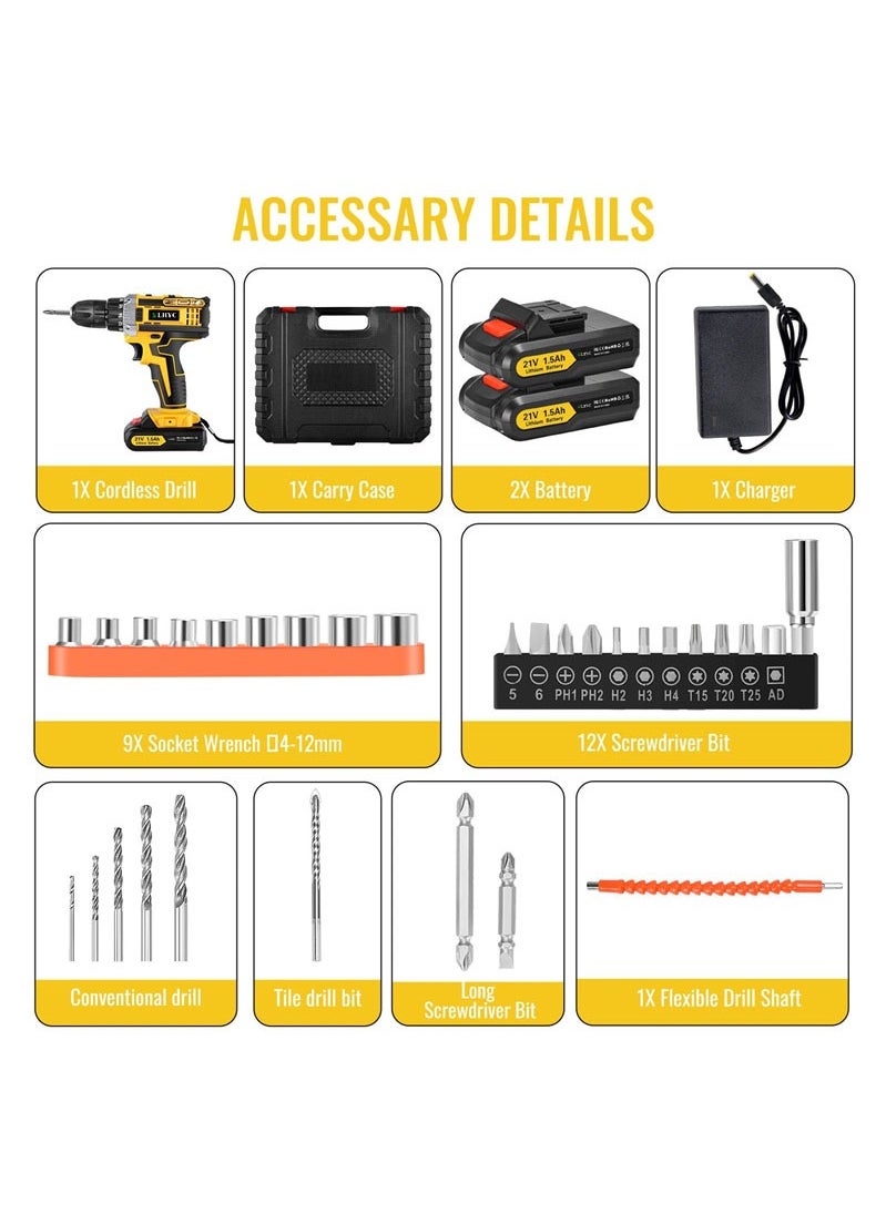 21V Cordless Multifunctional Drill Driver Set, Electric Screwdriver with 2x 1500mAh Batteries, Max 65 N.m Combination Drill, 25+1 Torque Power Drill, Cordless Screwdriver