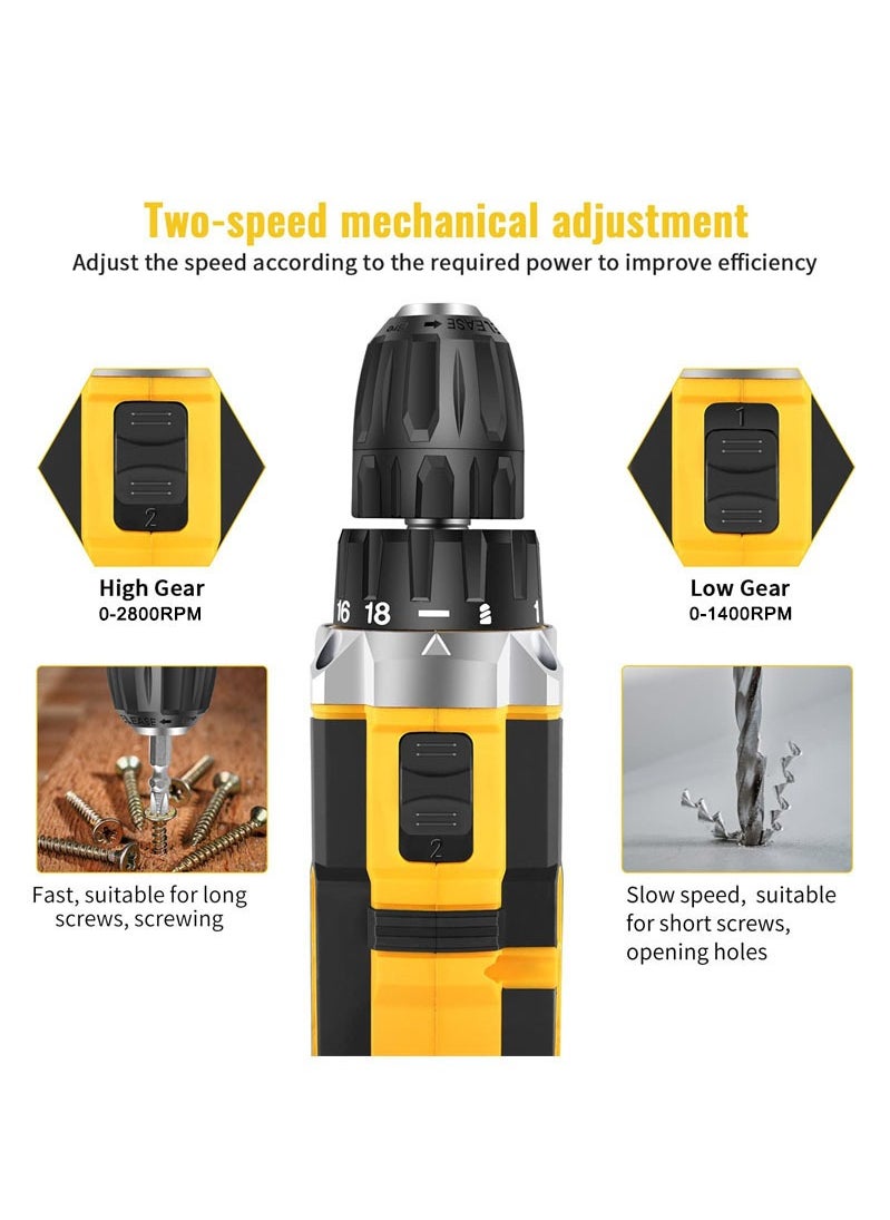21V Cordless Multifunctional Drill Driver Set, Electric Screwdriver with 2x 1500mAh Batteries, Max 65 N.m Combination Drill, 25+1 Torque Power Drill, Cordless Screwdriver
