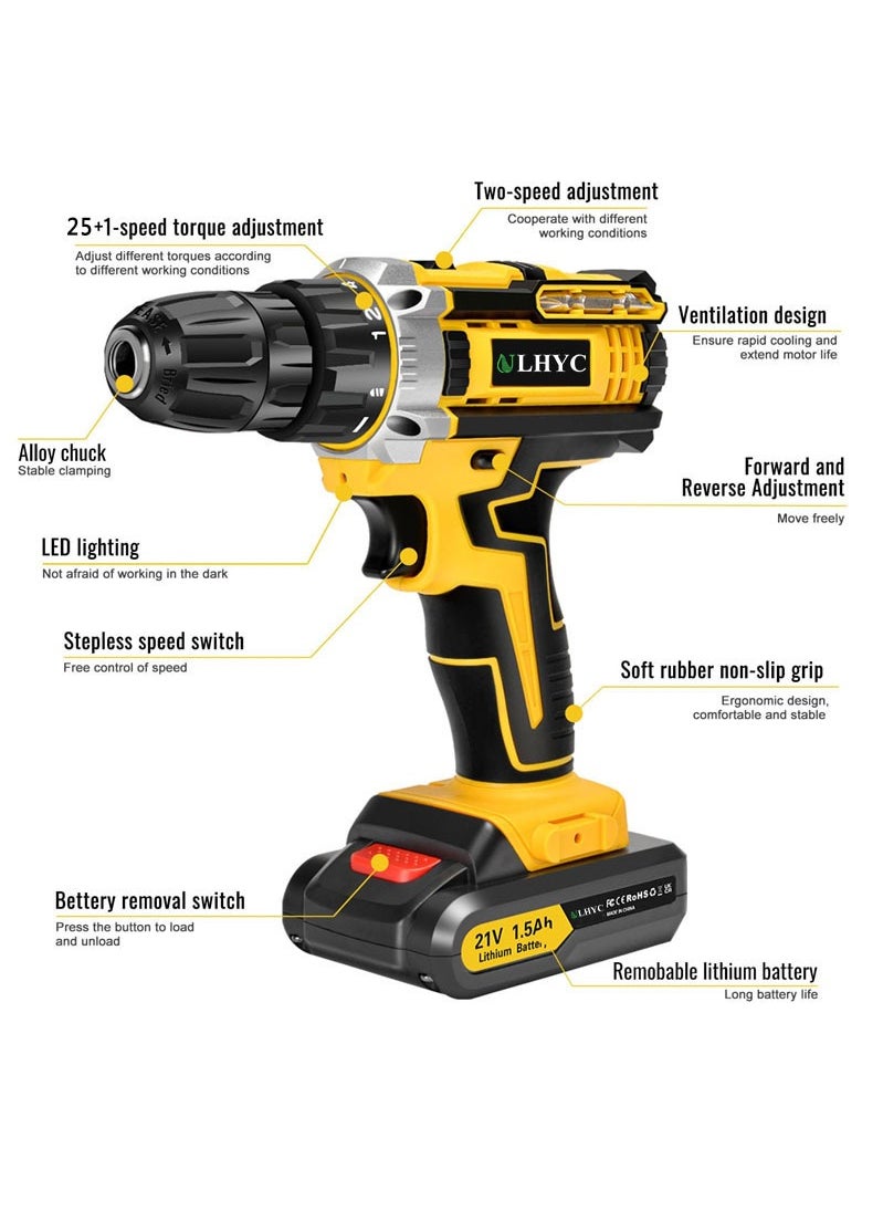 21V Cordless Multifunctional Drill Driver Set, Electric Screwdriver with 2x 1500mAh Batteries, Max 65 N.m Combination Drill, 25+1 Torque Power Drill, Cordless Screwdriver