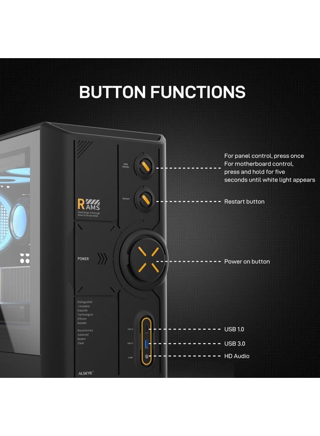 ALSEYE حالة كمبيوتر برج متوسط Rams2.0 Micro-ATX/ITX MATX مع لوحة جانبية من الزجاج المقسى، تحكم ARGB، فلاتر غبار، دعم لمبرد CPU بارتفاع 180mm/بطاقة رسومات GPU بطول 305mm/مزود طاقة PSU بارتفاع 160mm، 6 مراوح 120mm، مشعاع علوي 240mm (أسود) - Image 2
