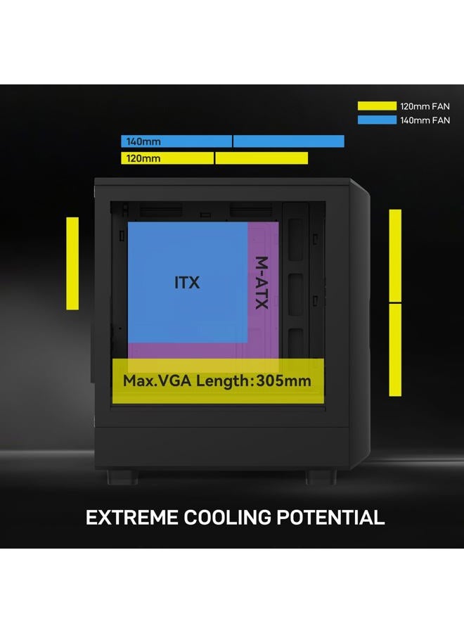 ALSEYE حالة كمبيوتر برج متوسط Rams2.0 Micro-ATX/ITX MATX مع لوحة جانبية من الزجاج المقسى، تحكم ARGB، فلاتر غبار، دعم لمبرد CPU بارتفاع 180mm/بطاقة رسومات GPU بطول 305mm/مزود طاقة PSU بارتفاع 160mm، 6 مراوح 120mm، مشعاع علوي 240mm (أسود) - Image 3