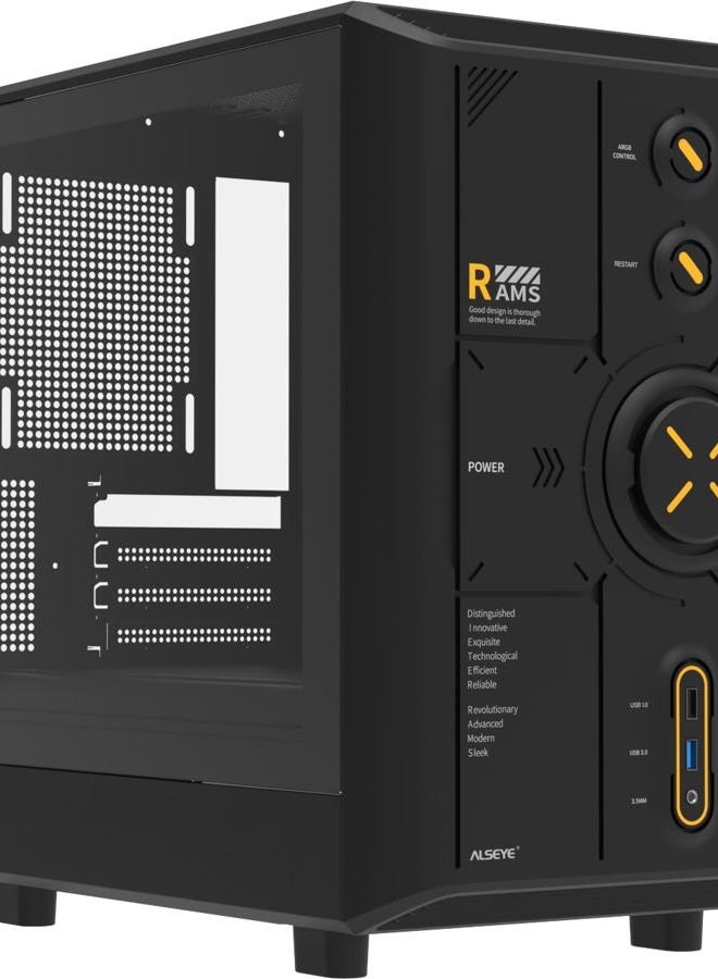 ALSEYE حالة كمبيوتر برج متوسط Rams2.0 Micro-ATX/ITX MATX مع لوحة جانبية من الزجاج المقسى، تحكم ARGB، فلاتر غبار، دعم لمبرد CPU بارتفاع 180mm/بطاقة رسومات GPU بطول 305mm/مزود طاقة PSU بارتفاع 160mm، 6 مراوح 120mm، مشعاع علوي 240mm (أسود) - Image 1
