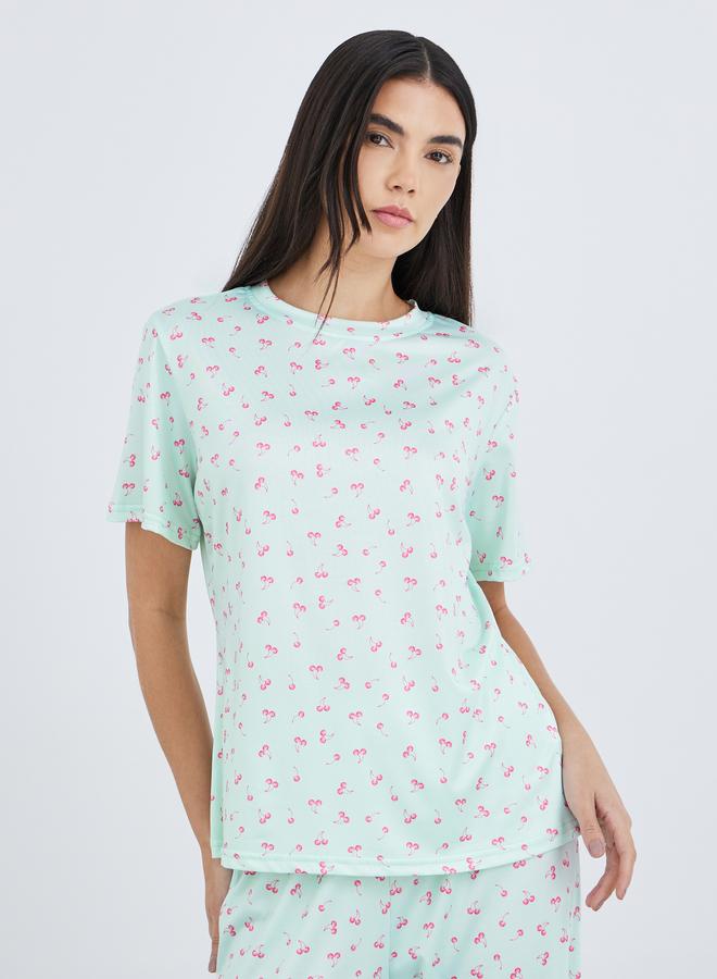 Take Two Cherry Print Short Sleeve T-Shirt and Pyjama Set - Image 2