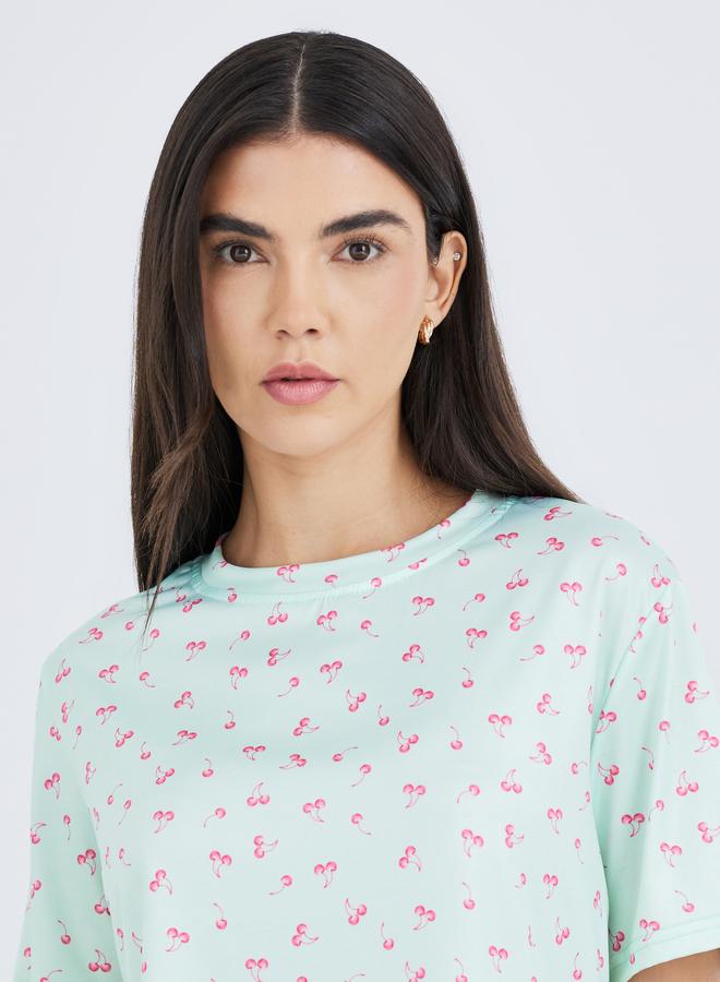 Take Two Cherry Print Short Sleeve T-Shirt and Pyjama Set - Image 3
