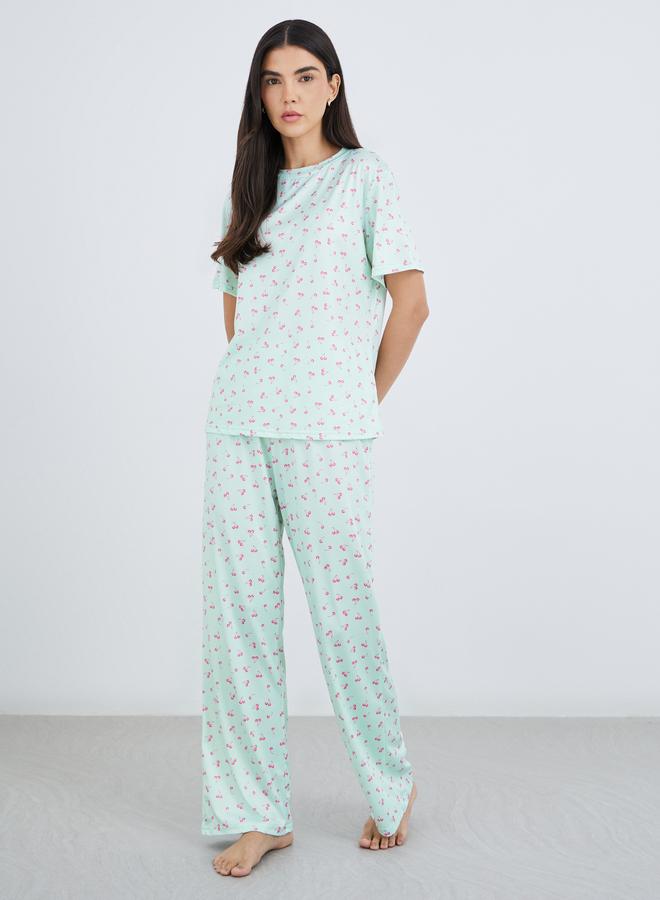 Take Two Cherry Print Short Sleeve T-Shirt and Pyjama Set - Image 1