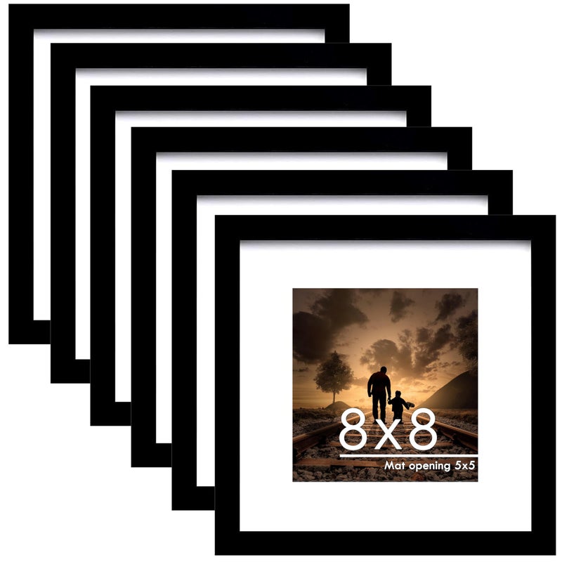 PEALSN 8x8 Picture Frame Set of 6  Display Pictures 5x5 with Mat or 8x8 Without Mat for Wall Mounting or Table Top Display  Black. - Image 1
