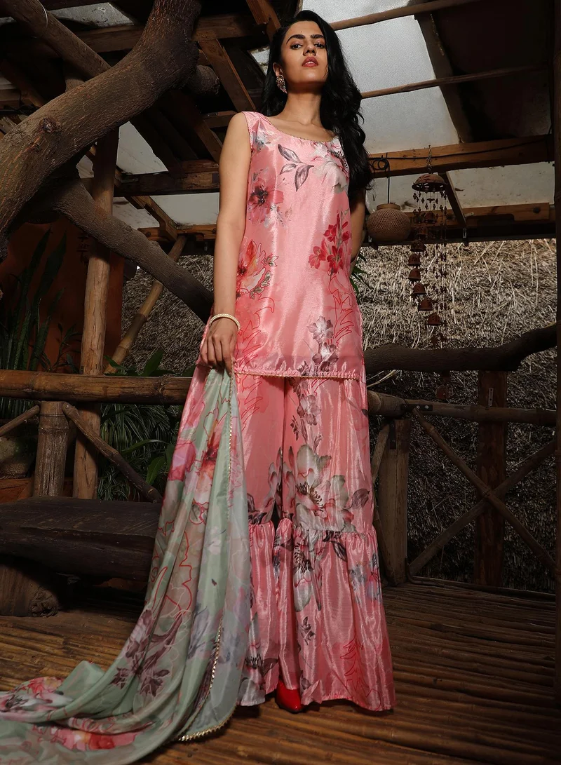 QISSA Women's Blush Pink Botanical Kurti And Sharara Set