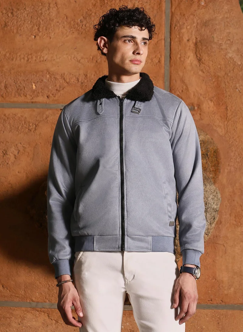 كامبوس سوترا Campus Sutra Men's Coin Grey Contrast Sherpa-Lined Suede Bomber Jacket | Point Collar , Ribbed Cuff Sleeves , Zipper  Closure , Ribbed-Straight Hem | Solid Textured For Casual & Daily Wear