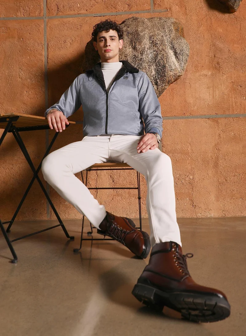 كامبوس سوترا Campus Sutra Men's Coin Grey Contrast Sherpa-Lined Suede Bomber Jacket | Point Collar , Ribbed Cuff Sleeves , Zipper  Closure , Ribbed-Straight Hem | Solid Textured For Casual & Daily Wear