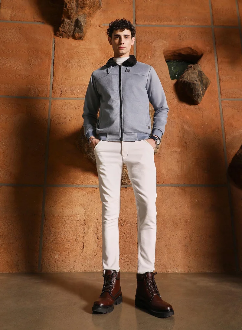 كامبوس سوترا Campus Sutra Men's Coin Grey Contrast Sherpa-Lined Suede Bomber Jacket | Point Collar , Ribbed Cuff Sleeves , Zipper  Closure , Ribbed-Straight Hem | Solid Textured For Casual & Daily Wear