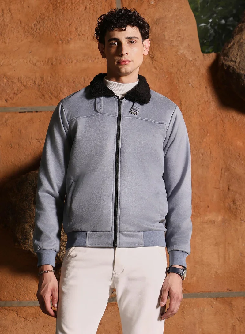 كامبوس سوترا Campus Sutra Men's Coin Grey Contrast Sherpa-Lined Suede Bomber Jacket | Point Collar , Ribbed Cuff Sleeves , Zipper  Closure , Ribbed-Straight Hem | Solid Textured For Casual & Daily Wear