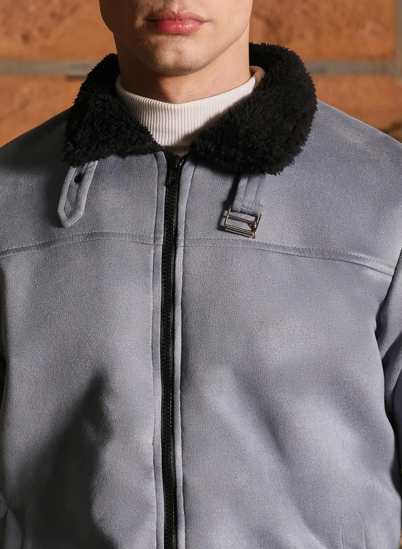 كامبوس سوترا Campus Sutra Men's Coin Grey Contrast Sherpa-Lined Suede Bomber Jacket | Point Collar , Ribbed Cuff Sleeves , Zipper  Closure , Ribbed-Straight Hem | Solid Textured For Casual & Daily Wear