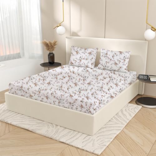 Plumora Cotton King Size Bedsheet 108x108 Super King, 100% Pure Cotton Bed Sheet with 2 Pillow Covers, 300 TC Soft Breathable Floral Design Bedding - (Cocoa Petals) - Image 4