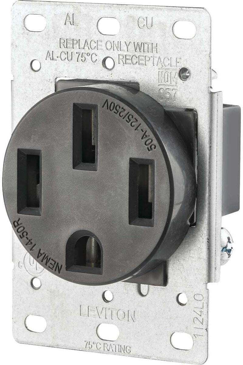 Leviton 279-S00 50 Amp, 125/250V, Nema 14-50R, 3P, 4W, Flush Mounting Receptacle, Straight Blade, Industrial Grade, Grounding, Side Wired, Steel Strap, Black - Image 5