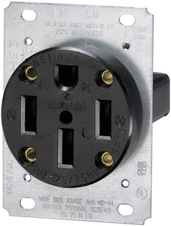 Leviton 279-S00 50 Amp, 125/250V, Nema 14-50R, 3P, 4W, Flush Mounting Receptacle, Straight Blade, Industrial Grade, Grounding, Side Wired, Steel Strap, Black - Image 1