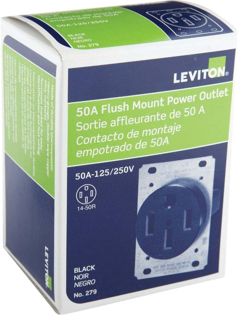 Leviton 279-S00 50 Amp, 125/250V, Nema 14-50R, 3P, 4W, Flush Mounting Receptacle, Straight Blade, Industrial Grade, Grounding, Side Wired, Steel Strap, Black - Image 4