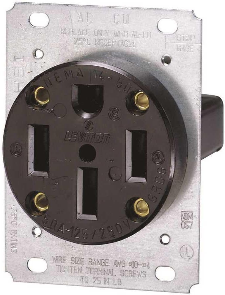 Leviton 279-S00 50 Amp, 125/250V, Nema 14-50R, 3P, 4W, Flush Mounting Receptacle, Straight Blade, Industrial Grade, Grounding, Side Wired, Steel Strap, Black - Image 3