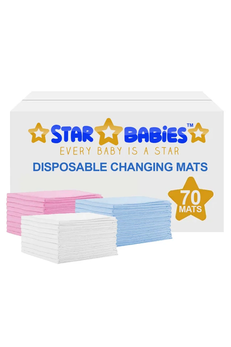 ستار بيبيز Star Babies Disposable Changing Mats - 45 x 60cm - Large Pack of 70 - Blue/Pink/White-Rainbow