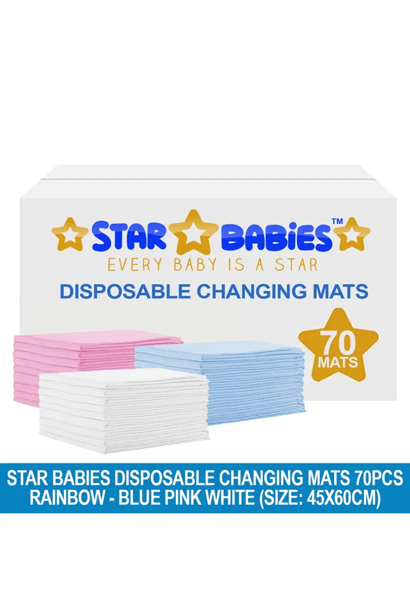 ستار بيبيز Star Babies Disposable Changing Mats - 45 x 60cm - Large Pack of 70 - Blue/Pink/White-Rainbow