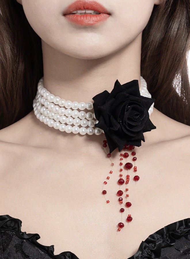 JCB CHIC Multilayer Imitation Pearl Rose Flower Clavicle Chain Necklace Women Goth Red Crystal Pendant Choker Halloween  Jewelry For Women - Image 2