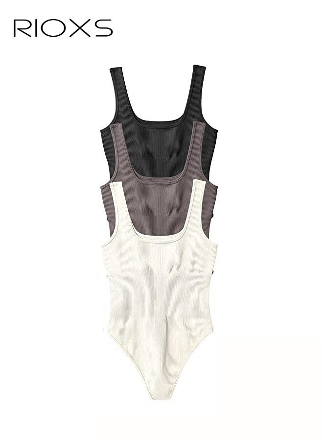 RIOXS 3 Pieces Women's Camisole Bodysuit Set, Sleeveless Scoop Neck High Waisted Tummy Control Shapewear for Ladies, Slim Fit Stretch Seamless Slimming Waist Cami Body Shaper, Sculpting Body Shaper Spaghetti Strap Leotards for Casual, Daily Wear, Party, Date Night, Dancing and More - Image 1