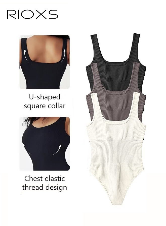 RIOXS 3 Pieces Women's Camisole Bodysuit Set, Sleeveless Scoop Neck High Waisted Tummy Control Shapewear for Ladies, Slim Fit Stretch Seamless Slimming Waist Cami Body Shaper, Sculpting Body Shaper Spaghetti Strap Leotards for Casual, Daily Wear, Party, Date Night, Dancing and More - Image 2