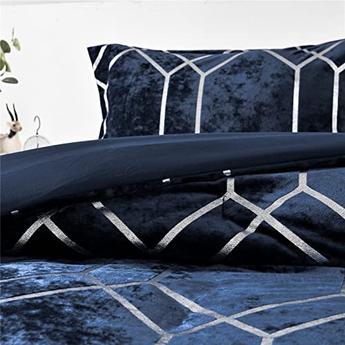 Sunshine Nicole Metallic Print Comforter Set, Distressed Velvet Face with Metallic Print and Brushed Solid Microfiber Reverse, with Light Weight Soft Poly Fill, 3 Pieces Navy Silver, Queen - Image 5