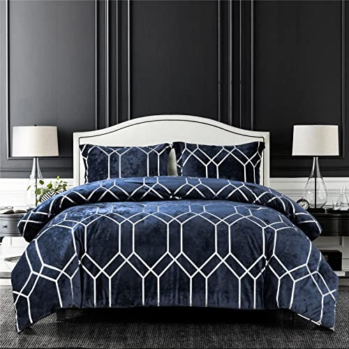 Sunshine Nicole Metallic Print Comforter Set, Distressed Velvet Face with Metallic Print and Brushed Solid Microfiber Reverse, with Light Weight Soft Poly Fill, 3 Pieces Navy Silver, Queen - Image 1