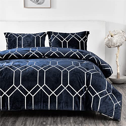Sunshine Nicole Metallic Print Comforter Set, Distressed Velvet Face with Metallic Print and Brushed Solid Microfiber Reverse, with Light Weight Soft Poly Fill, 3 Pieces Navy Silver, Queen - Image 2
