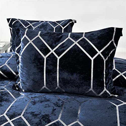 Sunshine Nicole Metallic Print Comforter Set, Distressed Velvet Face with Metallic Print and Brushed Solid Microfiber Reverse, with Light Weight Soft Poly Fill, 3 Pieces Navy Silver, Queen - Image 4