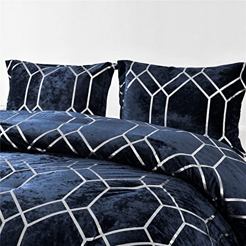 Sunshine Nicole Metallic Print Comforter Set, Distressed Velvet Face with Metallic Print and Brushed Solid Microfiber Reverse, with Light Weight Soft Poly Fill, 3 Pieces Navy Silver, Queen - Image 3
