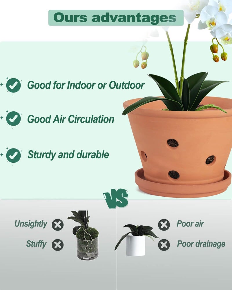 vensovo 8 Inch Terracotta Orchid Pots with Holes and Saucers, 2 Pack Large Clay Planters for Repotting, Terra Cotta Pots for Indoor & Outdoor Plants, Promotes Air Circulation - Image 4