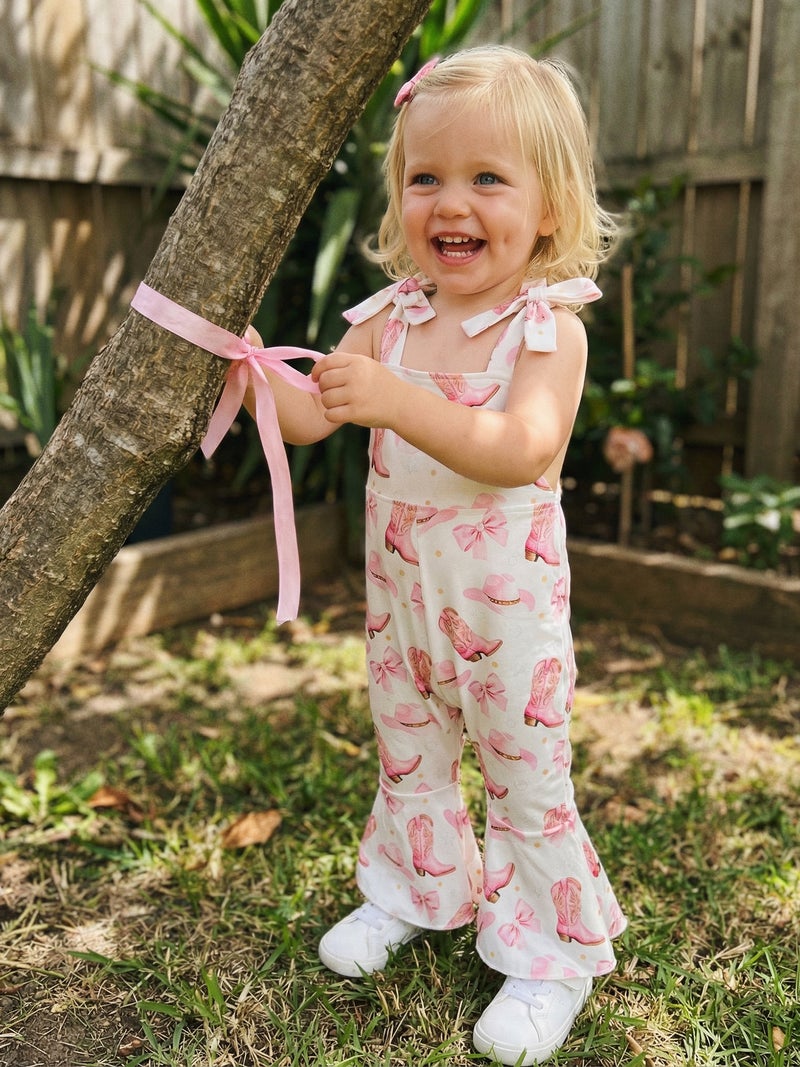 Toddler Baby Girls Summer Jumpsuit Bell Bottoms Casual Bee/Western/Cherry Print Tie Shoulder Overalls - Image 5