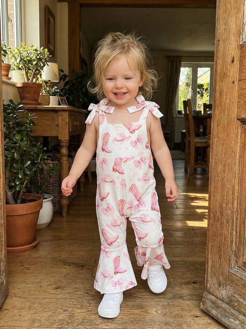 Toddler Baby Girls Summer Jumpsuit Bell Bottoms Casual Bee/Western/Cherry Print Tie Shoulder Overalls - Image 4
