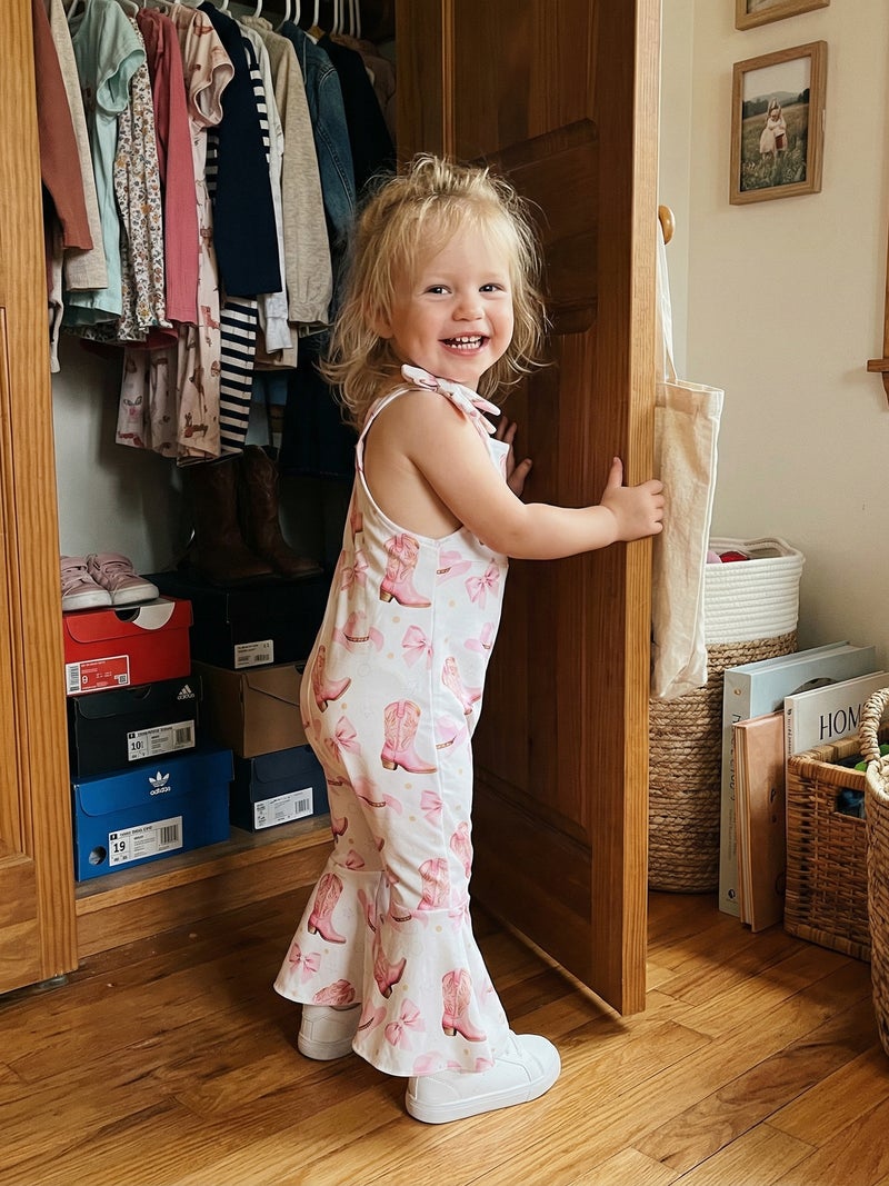 Toddler Baby Girls Summer Jumpsuit Bell Bottoms Casual Bee/Western/Cherry Print Tie Shoulder Overalls - Image 1
