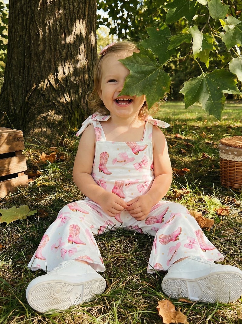 Toddler Baby Girls Summer Jumpsuit Bell Bottoms Casual Bee/Western/Cherry Print Tie Shoulder Overalls - Image 3
