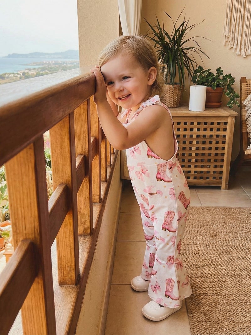 Toddler Baby Girls Summer Jumpsuit Bell Bottoms Casual Bee/Western/Cherry Print Tie Shoulder Overalls - Image 2