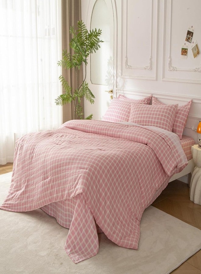 SDY 7PCS Pink and White Plaid Bedding Set Full Size, Washed Microfiber Pink Gingham Bedding Set with Comforter, Flat Sheet, Fitted Sheet and Pillowcases & Shams for Kids Boys Girls - Image 2