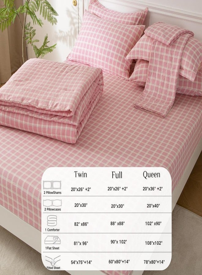 SDY 7PCS Pink and White Plaid Bedding Set Full Size, Washed Microfiber Pink Gingham Bedding Set with Comforter, Flat Sheet, Fitted Sheet and Pillowcases & Shams for Kids Boys Girls - Image 5